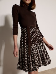 Apricot Ribbed Knit Polka Dot Midi Dress - Imaginea 2 din 4
