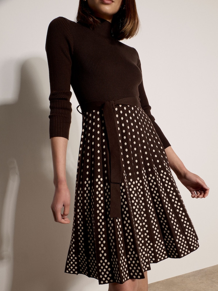 Apricot Ribbed Knit Polka Dot Midi Dress - Imaginea 2 din 4