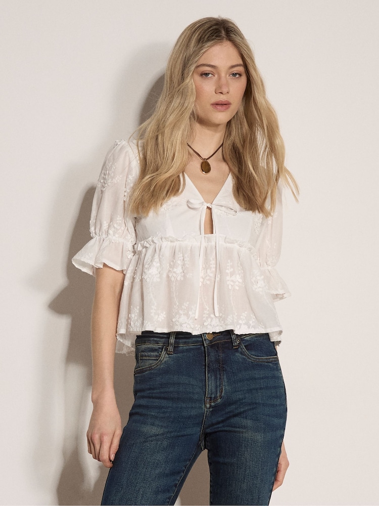 Apricot White Floral Embroidered Cotton Crop Blouse - Image 1 of 4
