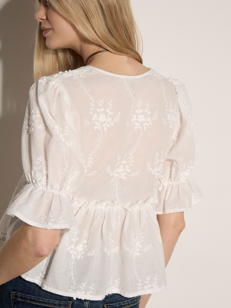 Apricot White Floral Embroidered Cotton Crop Blouse - Image 4 of 4