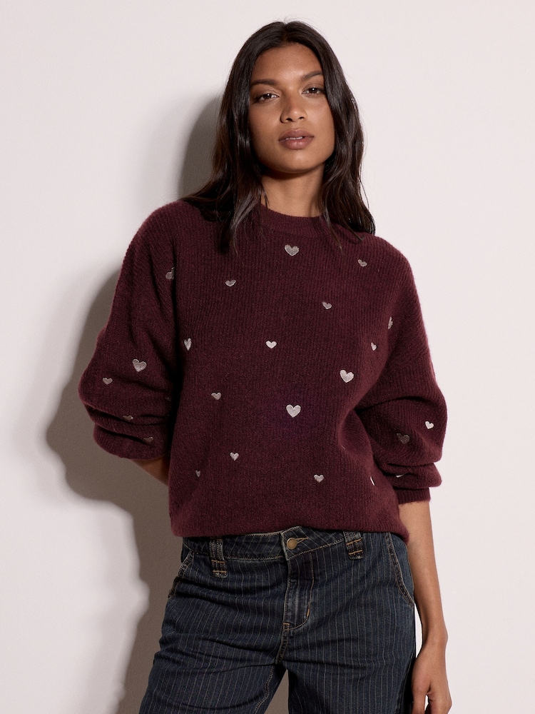 Apricot Purple Embroidered Heart Jumper - Image 1 of 4 Apricot Purple Embroidered Heart Jumper - Image 1 of 4