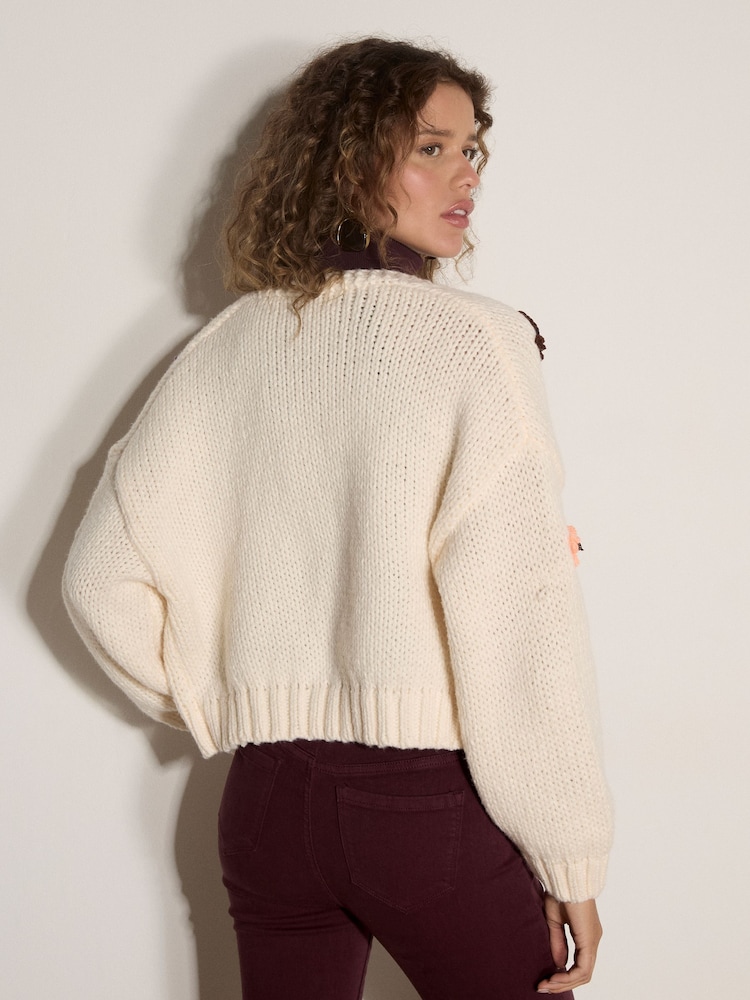 Apricot Cream Chunky Knit Butterfly Applique Cardigan - Image 4 of 4 Apricot Cream Chunky Knit Butterfly Applique Cardigan - Image 4 of 4