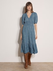 Apricot Blue Floral Embroidered Denim Midi Dress - Image 1 of 4