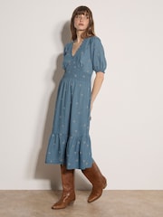 Apricot Blue Floral Embroidered Denim Midi Dress - Image 2 of 4