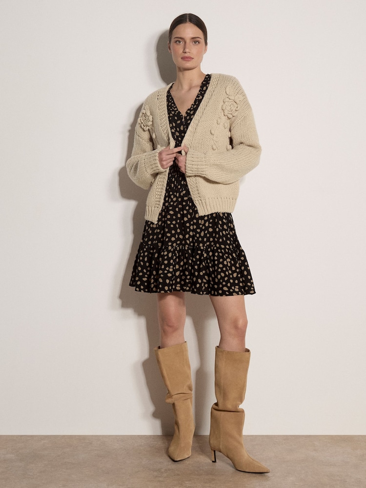 Apricot Natural Rose Applique Chunky Knit Cardigan - Image 1 of 4 Apricot Natural Rose Applique Chunky Knit Cardigan - Image 1 of 4