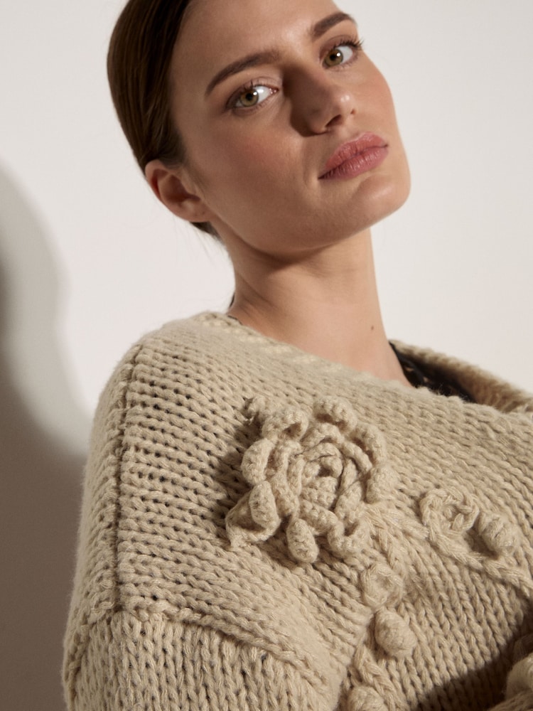 Apricot Natural Rose Applique Chunky Knit Cardigan - Image 4 of 4 Apricot Natural Rose Applique Chunky Knit Cardigan - Image 4 of 4