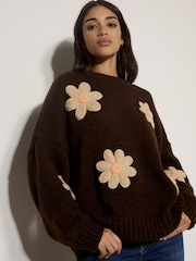 Apricot Brown Chunky Knit Flower Applique Jumper - Image 1 of 5