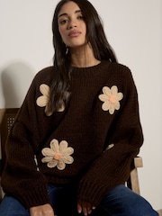 Apricot Brown Chunky Knit Flower Applique Jumper - Image 5 of 5