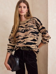 Brown Tiger Print Striped Knit Look Crew Neck Jumper - Image 1 of 8
