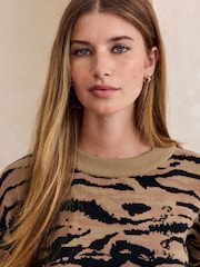 Brown Tiger Print Striped Knit Look Crew Neck Jumper - Image 3 of 8