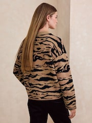 Brown Tiger Print Striped Knit Look Crew Neck Jumper - Image 5 of 8