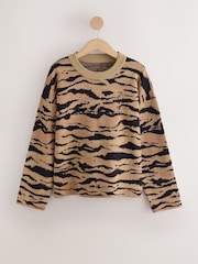 Brown Tiger Print Striped Knit Look Crew Neck Jumper - Image 6 of 8