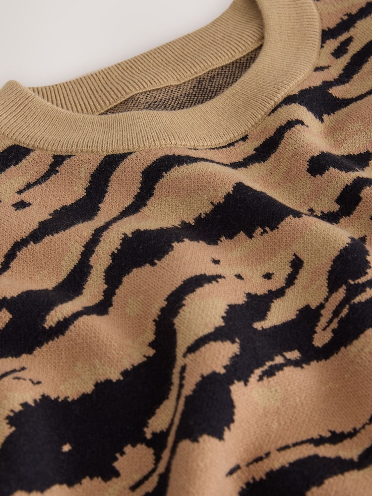 Brown Tiger Print Striped Knit Look Crew Neck Jumper - Image 8 of 8 Brown Tiger Print Striped Knit Look Crew Neck Jumper - Image 8 of 8