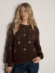 Apricot Brown Pointelle Knit Floral Embroidered Jumper - Image 1 of 4