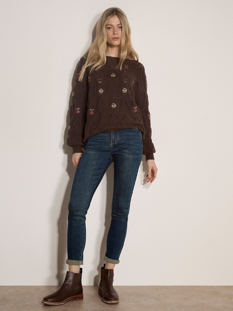 Apricot Brown Pointelle Knit Floral Embroidered Jumper - Image 2 of 4 Apricot Brown Pointelle Knit Floral Embroidered Jumper - Image 2 of 4