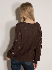 Apricot Brown Pointelle Knit Floral Embroidered Jumper - Image 3 of 4