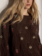Apricot Brown Pointelle Knit Floral Embroidered Jumper - Image 4 of 4