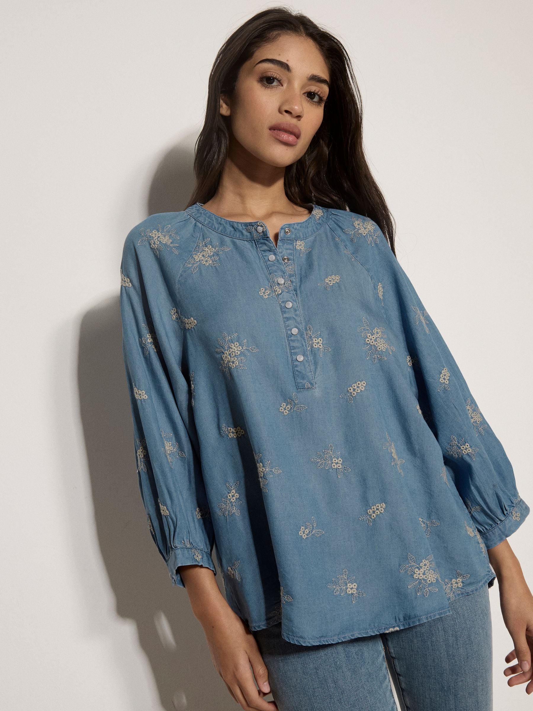 Apricot Women's Blue Floral Embroidered Denim Blouse In | Size: 18 - Image 7