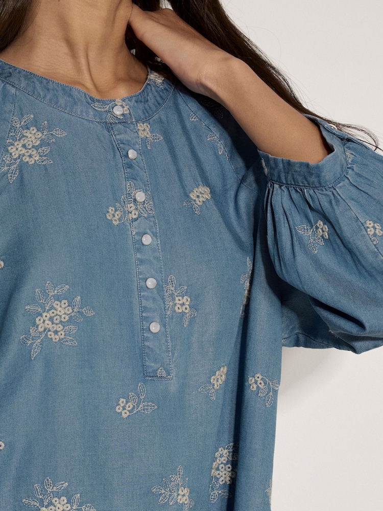 Apricot Blue Floral Embroidered Denim Blouse - Image 2 of 4