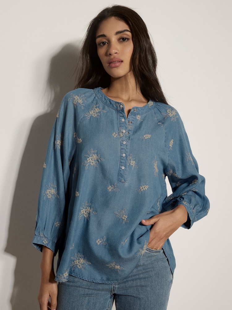 Apricot Blue Floral Embroidered Denim Blouse - Image 4 of 4