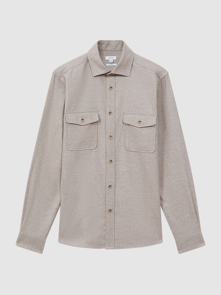 Reiss Wheat Melange Chaser Button-Through Twin Pocket Overshirt - Image 2 of 5