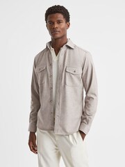 Reiss Wheat Melange Chaser Button-Through Twin Pocket Overshirt - Image 4 of 5