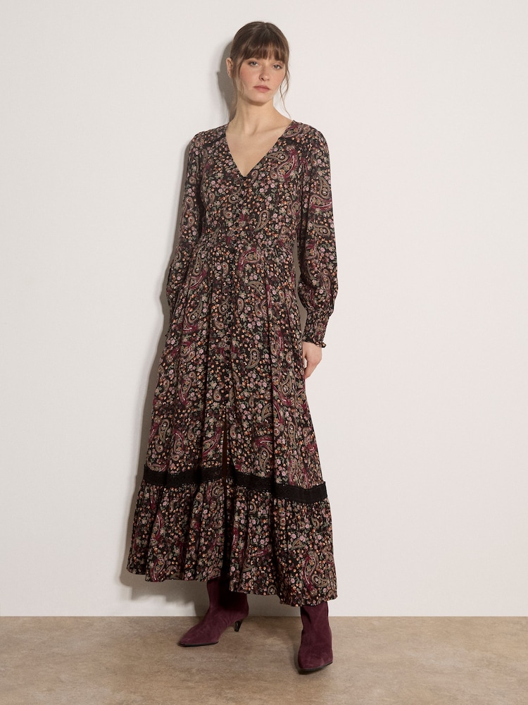 Apricot Dark Brown Paisley Floral Maxi Dress - Image 4 of 4 Apricot Dark Brown Paisley Floral Maxi Dress - Image 4 of 4