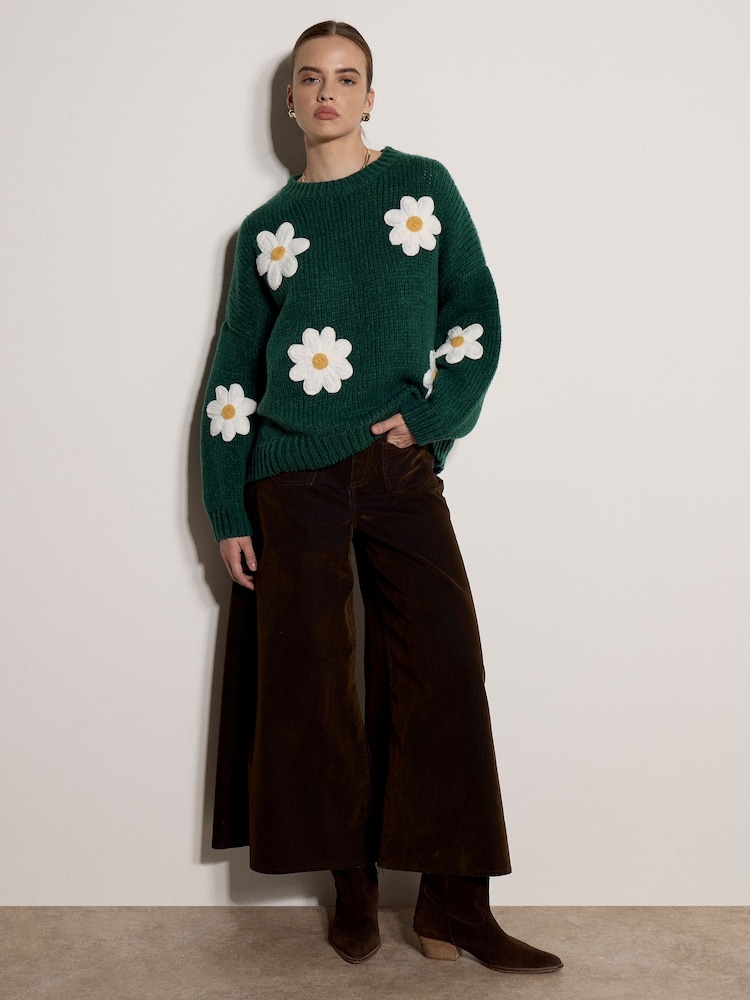 Apricot Green Chunky Knit Flower Applique Jumper - Image 1 of 4 Apricot Green Chunky Knit Flower Applique Jumper - Image 1 of 4