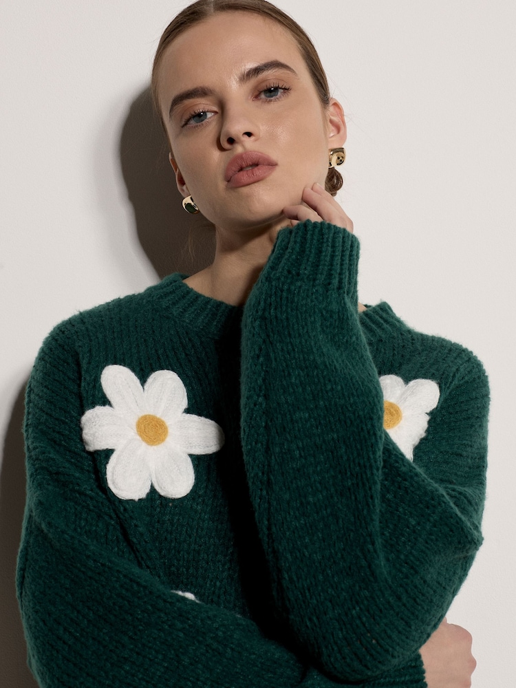 Apricot Green Chunky Knit Flower Applique Jumper - Image 2 of 4 Apricot Green Chunky Knit Flower Applique Jumper - Image 2 of 4