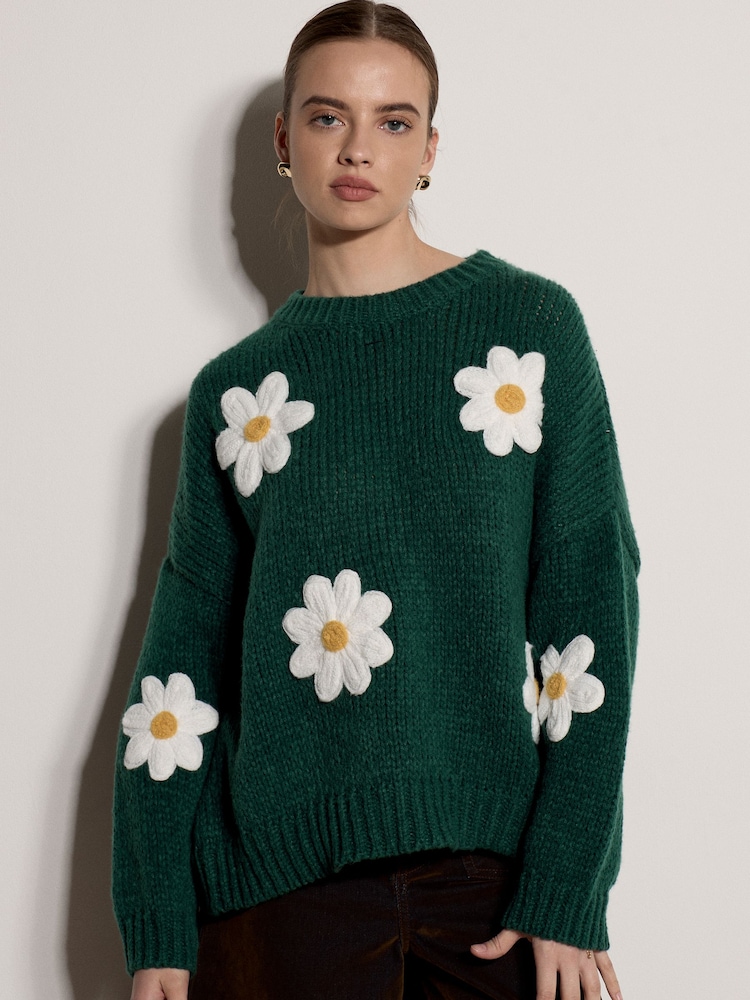 Apricot Green Chunky Knit Flower Applique Jumper - Image 4 of 4 Apricot Green Chunky Knit Flower Applique Jumper - Image 4 of 4