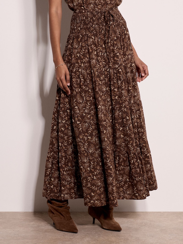 Apricot Brown Painterly Paisley Tiered Maxi Skirt - Image 1 of 5 Apricot Brown Painterly Paisley Tiered Maxi Skirt - Image 1 of 5