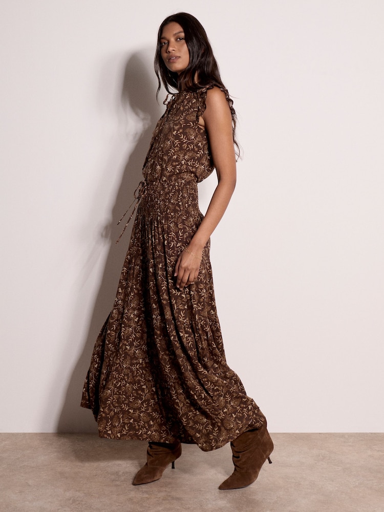Apricot Brown Painterly Paisley Tiered Maxi Skirt - Image 2 of 5 Apricot Brown Painterly Paisley Tiered Maxi Skirt - Image 2 of 5