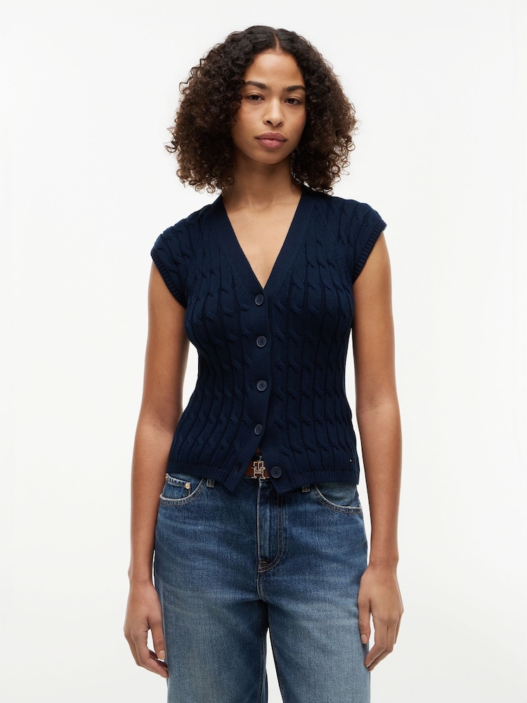 Tommy Hilfiger Blue Cable Knit Slim Cap Sleeve Cardigan - Image 1 of 5 Tommy Hilfiger Blue Cable Knit Slim Cap Sleeve Cardigan - Image 1 of 5