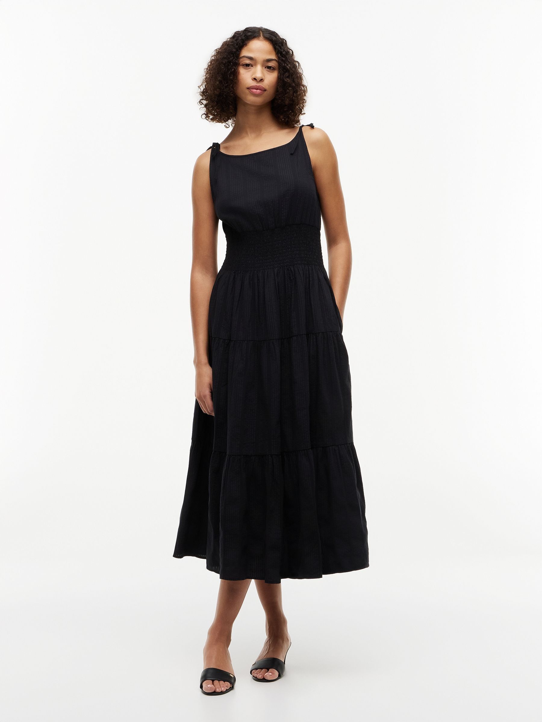 Buy Tommy Hilfiger Black Seersucker Smock Tie Strap Midi Dress
