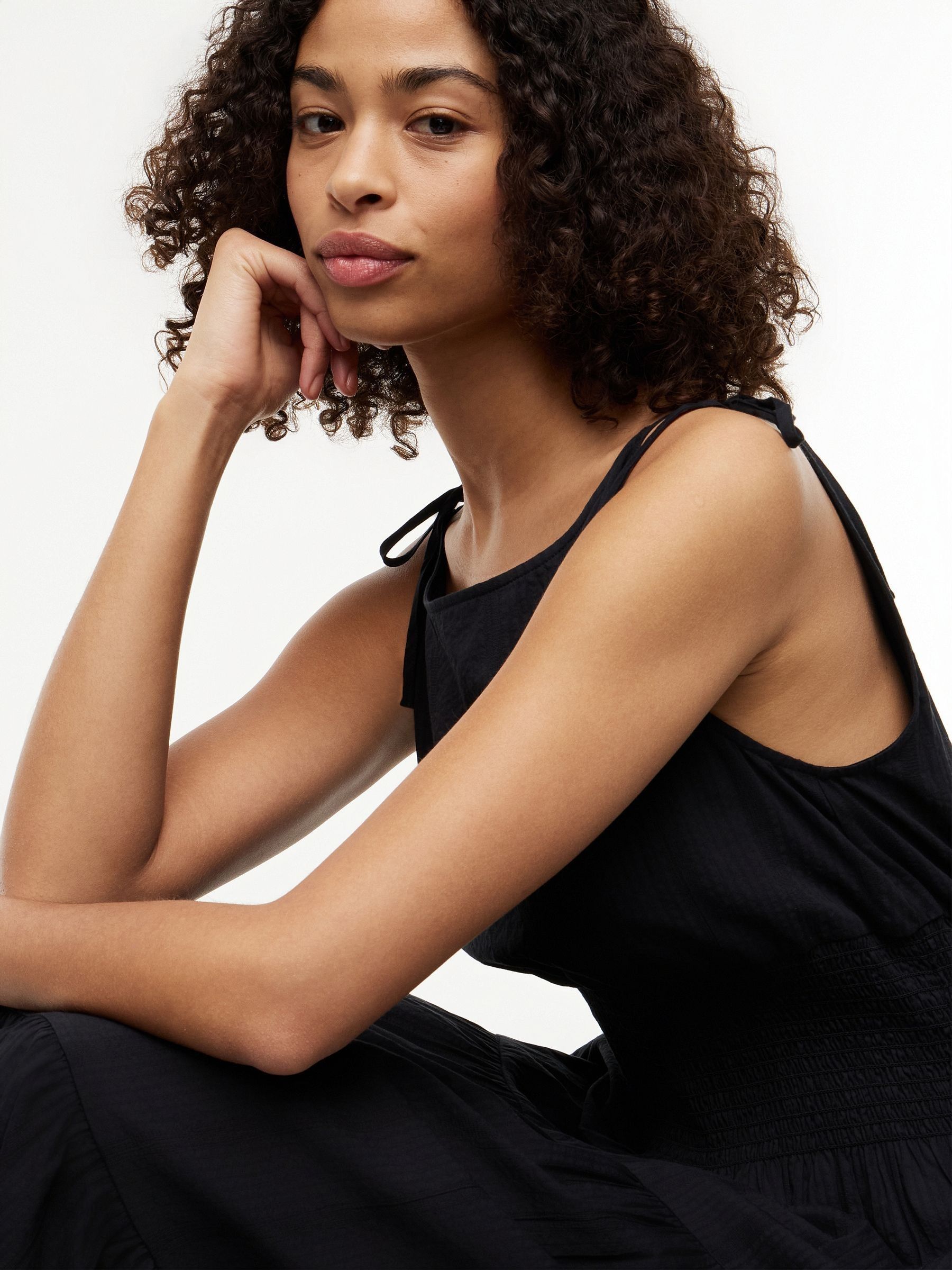 Buy Tommy Hilfiger Black Seersucker Smock Tie Strap Midi Dress
