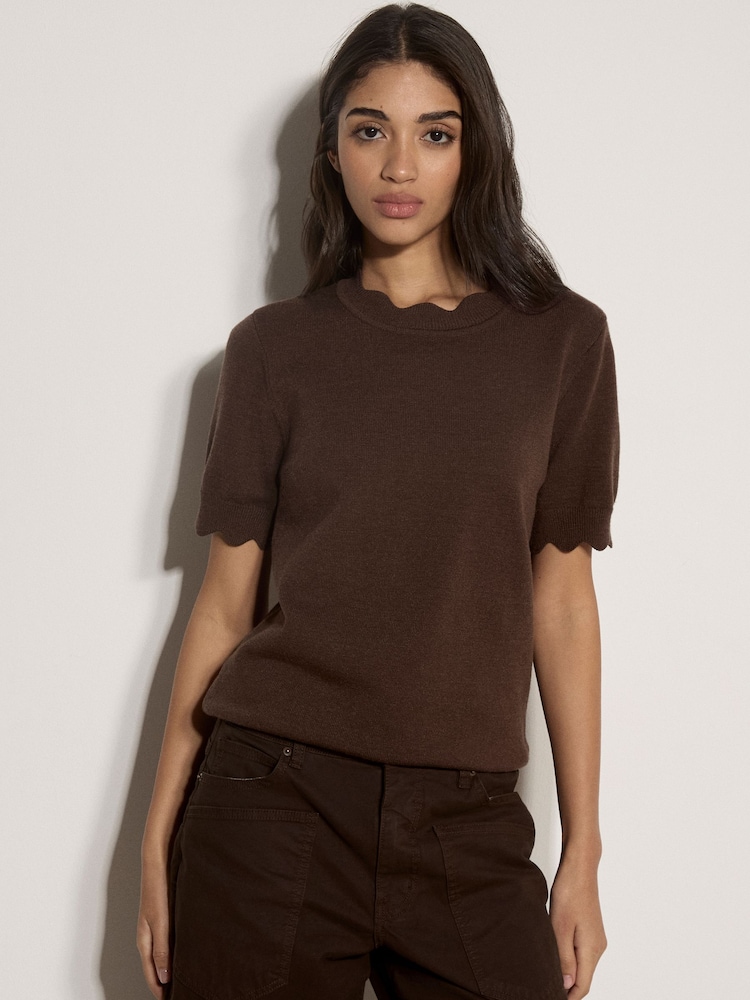 Apricot Brown Scallop Knitted T-Shirt - Image 1 of 3 Apricot Brown Scallop Knitted T-Shirt - Image 1 of 3