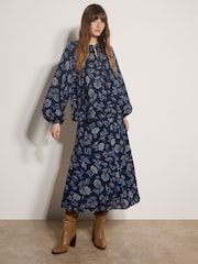 Apricot Blue Folk Floral A-Line Midi Skirt - Image 3 of 4