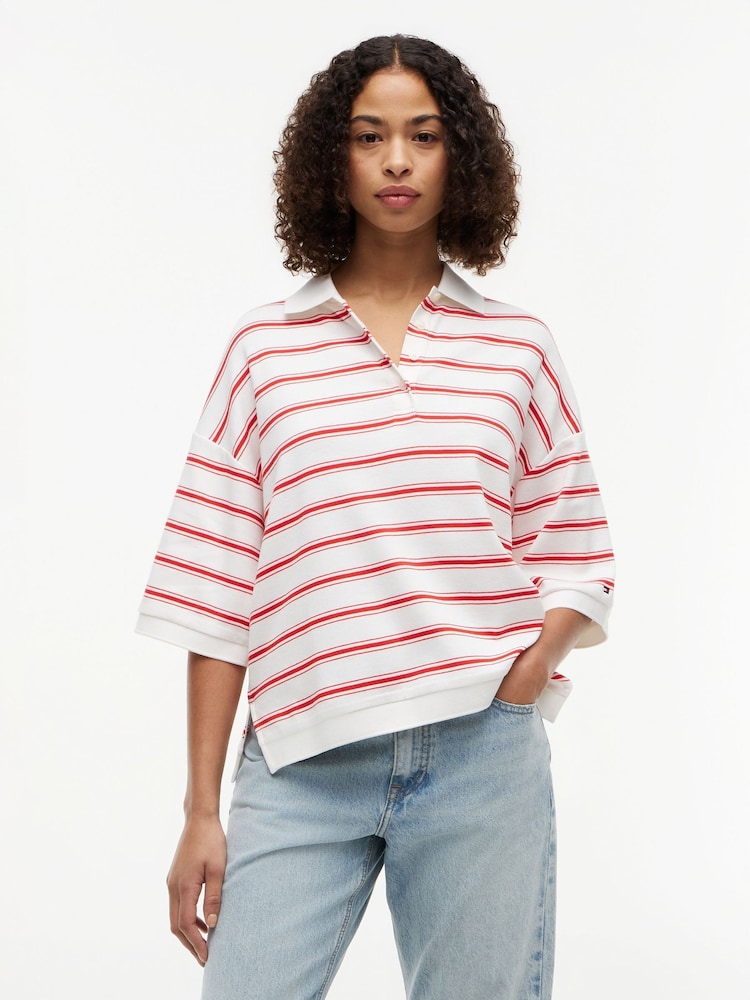 Tommy Hilfiger Red Oversized Fit Stripe Polo Shirt - Image 1 of 5