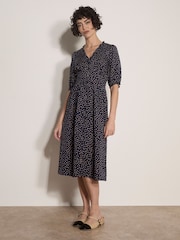 Apricot Blue Polka Dot Ruffle Midi Dress - Image 1 of 4