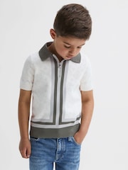 Reiss Ecru/Green London Junior Cotton Knitted Half-Zip Polo T-Shirt - Image 1 of 6