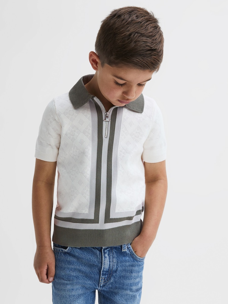Reiss Ecru/Green London Junior Cotton Knitted Half-Zip Polo T-Shirt - Image 1 of 6