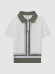 Reiss Ecru/Green London Junior Cotton Knitted Half-Zip Polo T-Shirt - Image 2 of 6