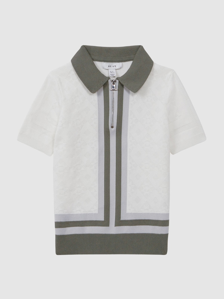 Reiss Ecru/Green London Junior Cotton Knitted Half-Zip Polo T-Shirt - Image 2 of 6