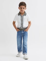 Reiss Ecru/Green London Junior Cotton Knitted Half-Zip Polo T-Shirt - Image 3 of 6
