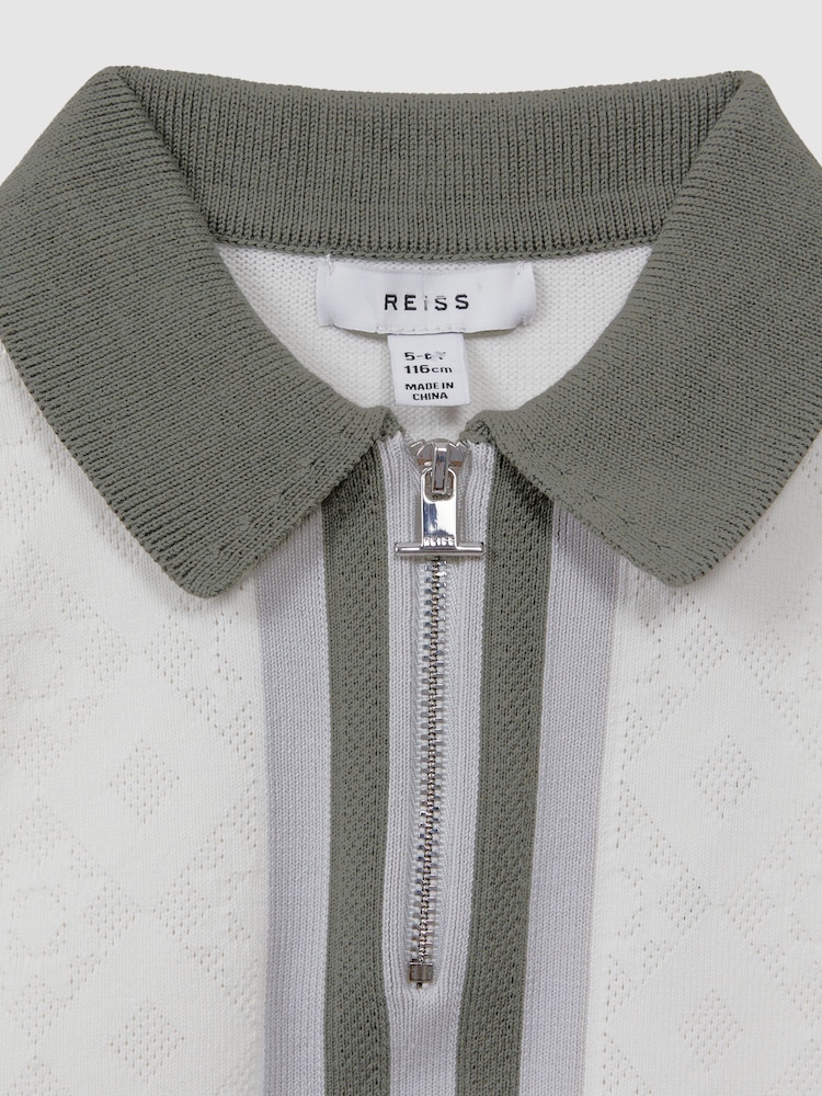 Reiss Ecru/Green London Junior Cotton Knitted Half-Zip Polo T-Shirt - Image 6 of 6