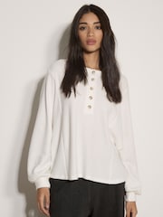 Apricot Cream Waffle Knit Button Neck Blouse - Image 3 of 4