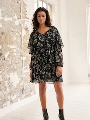 Monochrome Floral Ditsy Cape Long Sleeve Mini Dress - Image 2 of 6
