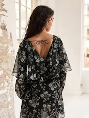 Monochrome Floral Ditsy Cape Long Sleeve Mini Dress - Image 3 of 6