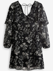 Monochrome Floral Ditsy Cape Long Sleeve Mini Dress - Image 5 of 6
