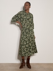 Apricot Green Folk Floral A-Line Midi Skirt - Image 1 of 5